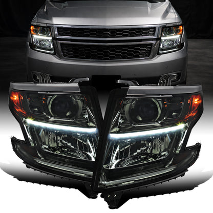 Ronnin - Compatible con Chevy Tahoe Suburban 3500HD 2015-2020 Mejora Reemplazo Tubo de Luz LED de Circulación Proyector Halógeno Conjunto de Faros Par | Ahumado