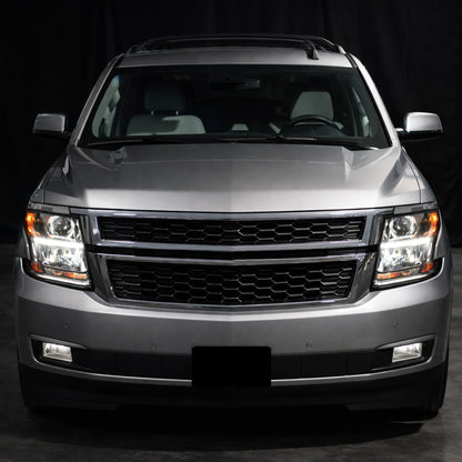 Ronnin - Compatible con Chevy Tahoe Suburban 3500HD 2015-2020, actualización de reemplazo de conjunto de faros delanteros con proyector halógeno y tubo de luz LED diurna | Par Negro