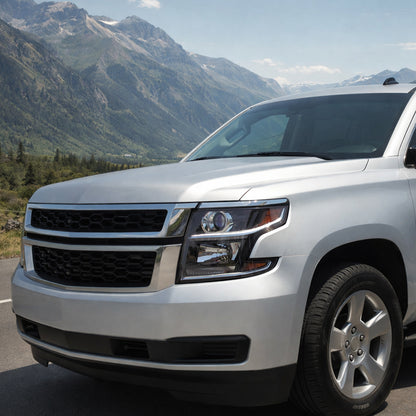 Ronnin - Compatible con Chevy Tahoe Suburban 3500HD 2015-2020, actualización de reemplazo de conjunto de faros delanteros con proyector halógeno y tubo de luz LED diurna | Par Negro