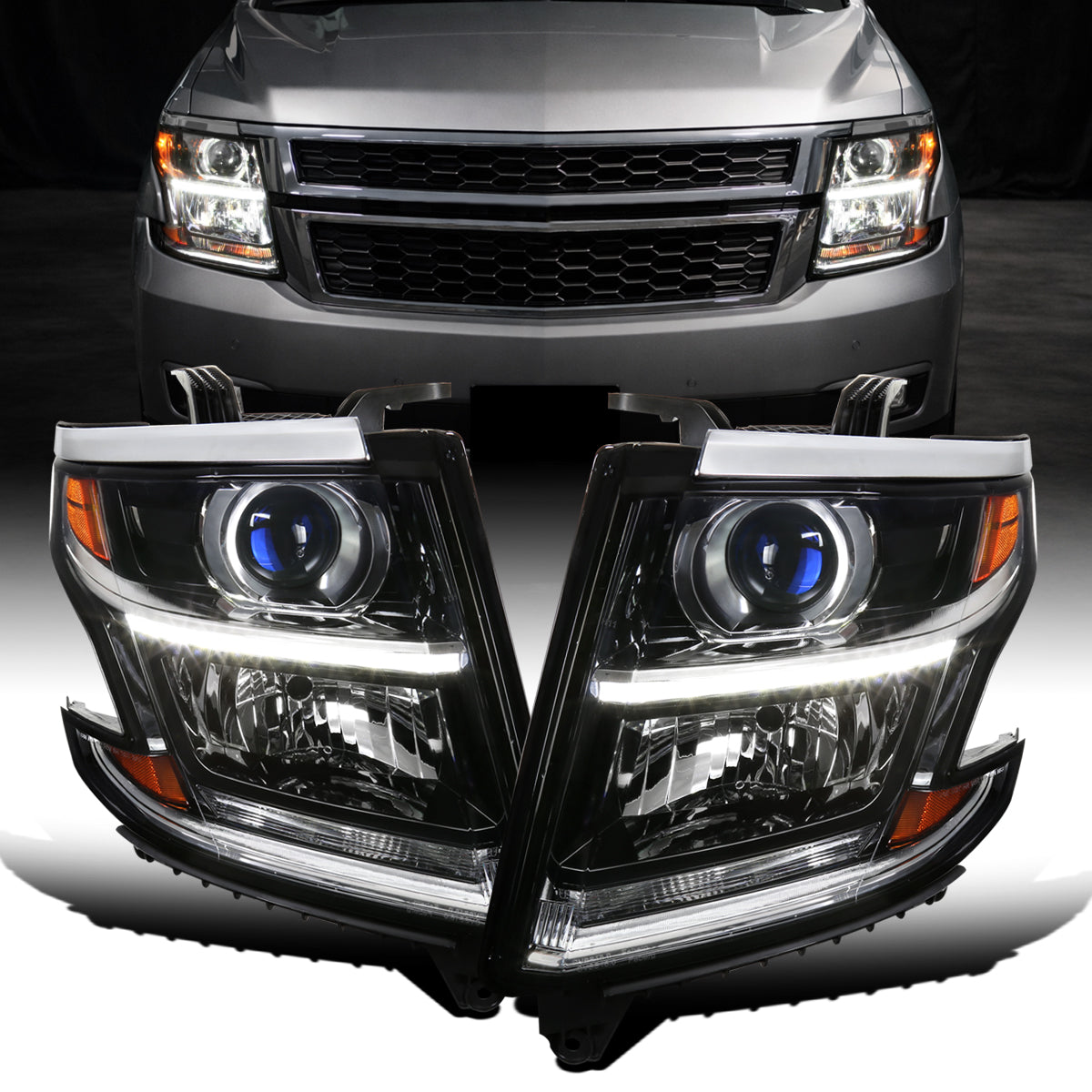 Ronnin - Compatible con Chevy Tahoe Suburban 3500HD 2015-2020, actualización de reemplazo de conjunto de faros delanteros con proyector halógeno y tubo de luz LED diurna | Par Negro