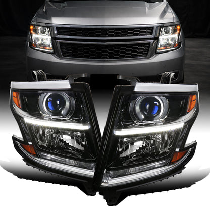 Ronnin - Compatible con Chevy Tahoe Suburban 3500HD 2015-2020, actualización de reemplazo de conjunto de faros delanteros con proyector halógeno y tubo de luz LED diurna | Par Negro