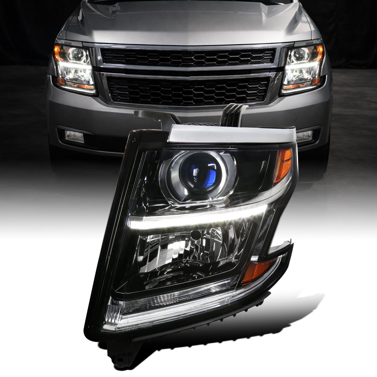 Ronnin - Compatible con Chevy Tahoe Suburban 3500HD 2015-2020, actualización de reemplazo, conjunto de faros delanteros con proyector halógeno y tubo de luz diurna LED, lado del conductor | Negro