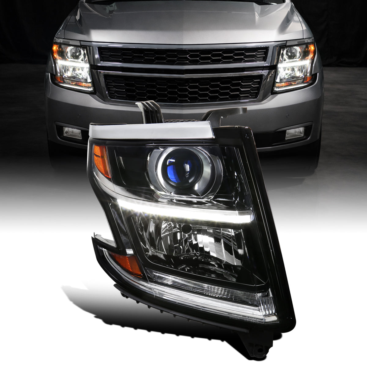 Ronnin - Compatible con Chevy Tahoe Suburban 3500HD 2015-2020 Mejora de reemplazo de conjunto de faros delanteros con proyector halógeno y tubo de luz LED diurna Lado del pasajero | Negro