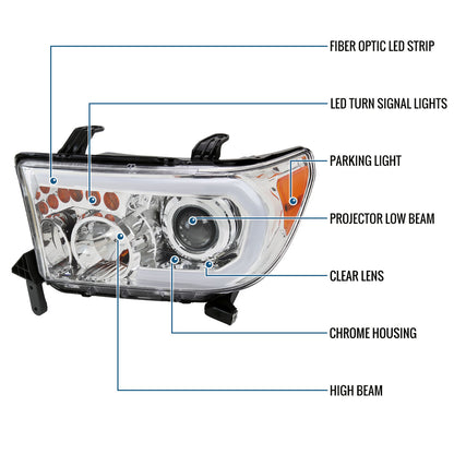 Ronnin - Fits 2007-2013 Toyota Tundra 2008-2017 Toyota Sequoia Upgraded LED Running Tube Lights Turn Signals Projector Headlights Assembly Pair | Chrome