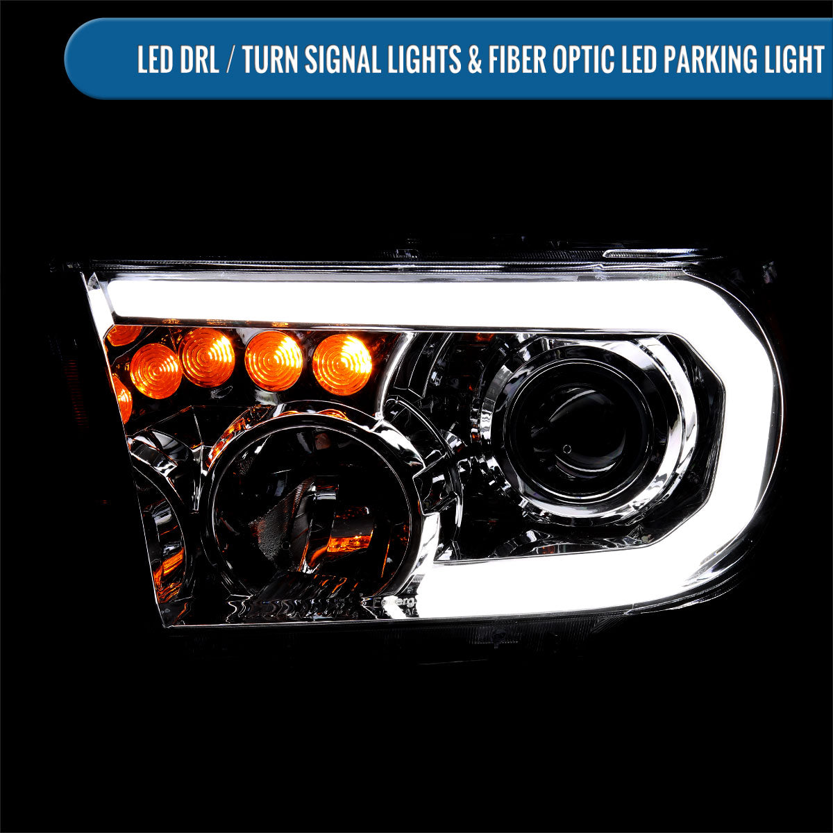 Ronnin - Fits 2007-2013 Toyota Tundra 2008-2017 Toyota Sequoia Upgraded LED Running Tube Lights Turn Signals Projector Headlights Assembly Pair | Smoke