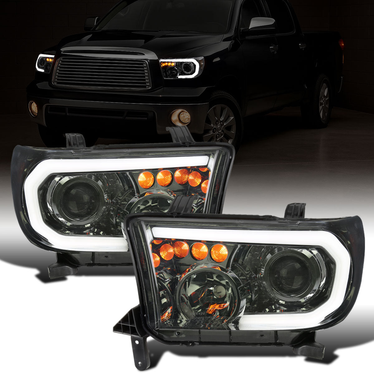 Ronnin - Fits 2007-2013 Toyota Tundra 2008-2017 Toyota Sequoia Upgraded LED Running Tube Lights Turn Signals Projector Headlights Assembly Pair | Smoke