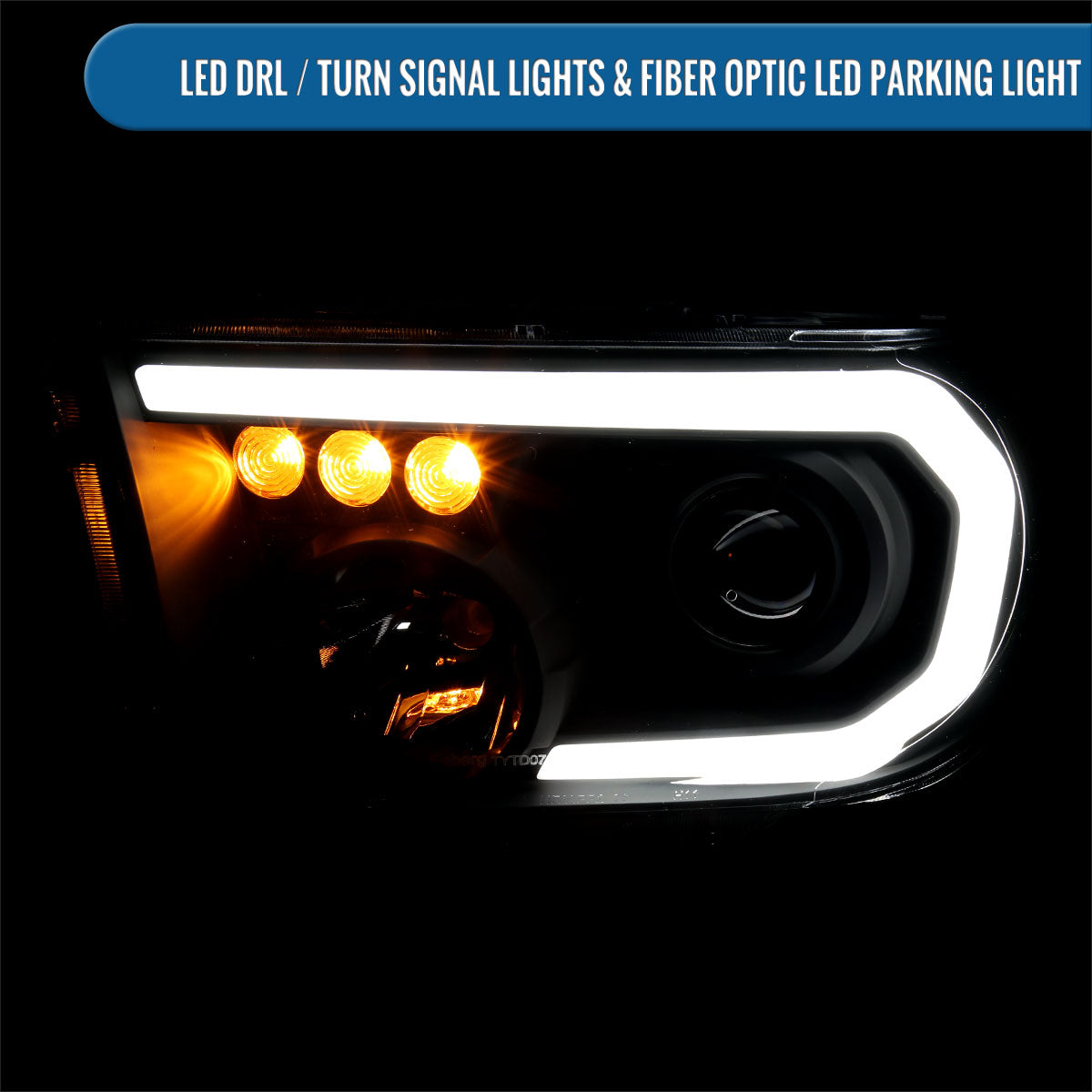 Ronnin - Fits 2007-2013 Toyota Tundra 2008-2017 Toyota Sequoia Upgraded LED Running Tube Lights Turn Signals Projector Headlights Assembly Pair | Black