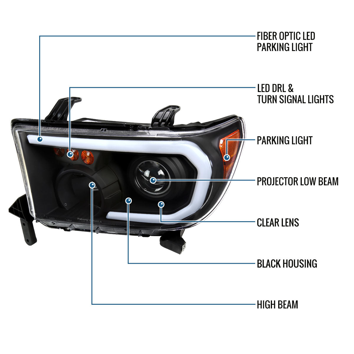 Ronnin - Fits 2007-2013 Toyota Tundra 2008-2017 Toyota Sequoia Upgraded LED Running Tube Lights Turn Signals Projector Headlights Assembly Pair | Black