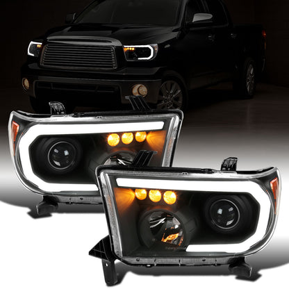 Ronnin - Fits 2007-2013 Toyota Tundra 2008-2017 Toyota Sequoia Upgraded LED Running Tube Lights Turn Signals Projector Headlights Assembly Pair | Black