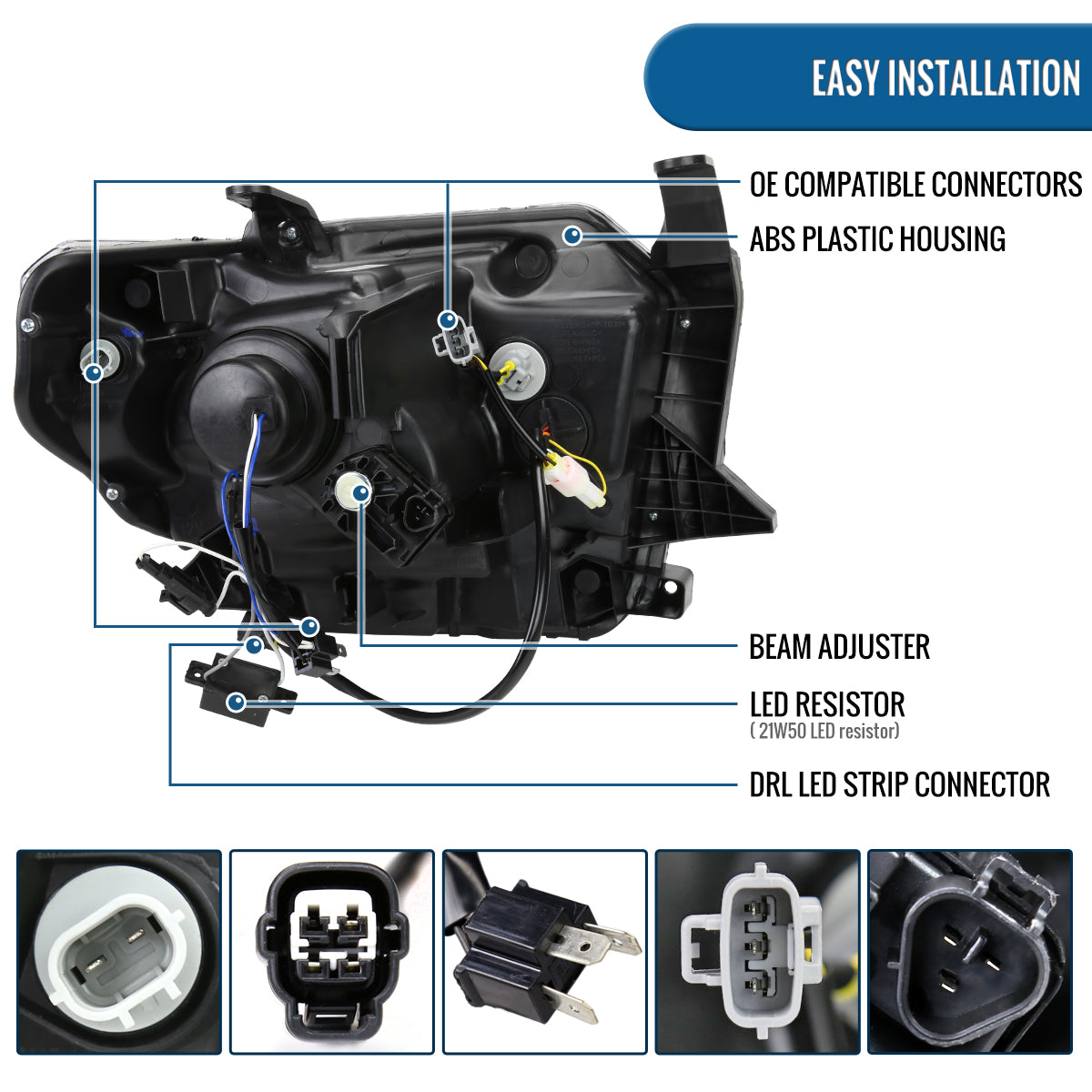 Ronnin - Compatible con Toyota Tundra 2014-2021. Par de faros delanteros con proyector halógeno, luces direccionales LED secuenciales conmutables mejoradas | Cromado