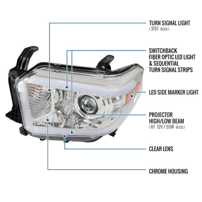 Ronnin - Compatible con Toyota Tundra 2014-2021. Par de faros delanteros con proyector halógeno, luces direccionales LED secuenciales conmutables mejoradas | Cromado