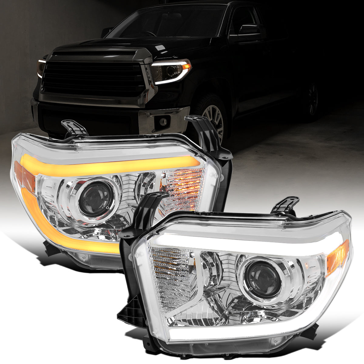 Ronnin - Compatible con Toyota Tundra 2014-2021. Par de faros delanteros con proyector halógeno, luces direccionales LED secuenciales conmutables mejoradas | Cromado
