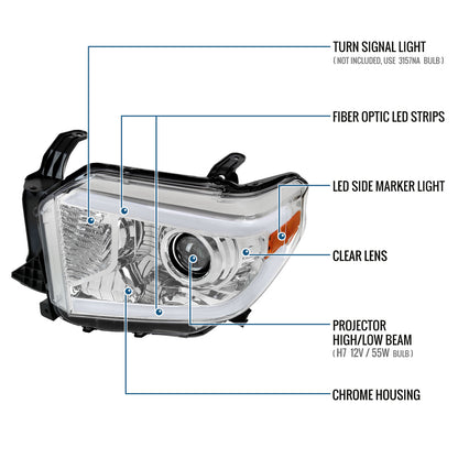 Ronnin - Fits 2014-2021 Toyota Tundra Upgraded Replacement LED Running Light Tube Halogen Projector Headlights Assembly Pair | Chrome