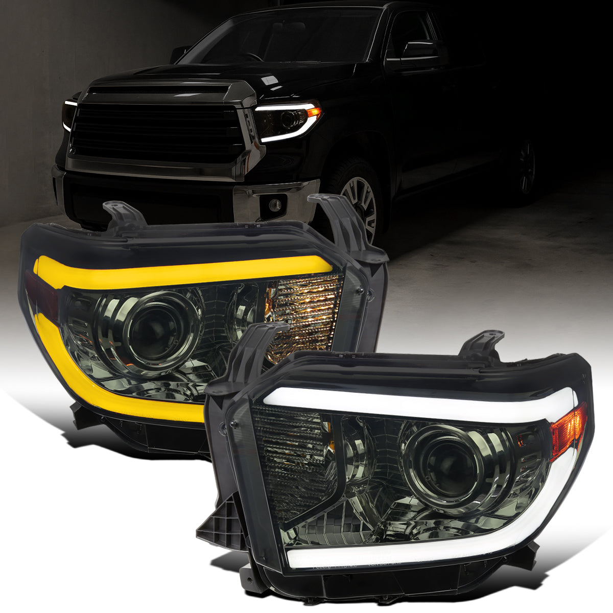 Ronnin - Compatible con Toyota Tundra 2014-2021, Luces Delanteras Tipo Proyector Halógeno Mejoradas con Señales de Giro LED Secuenciales de Doble Color (Switchback) | Par | Ahumado