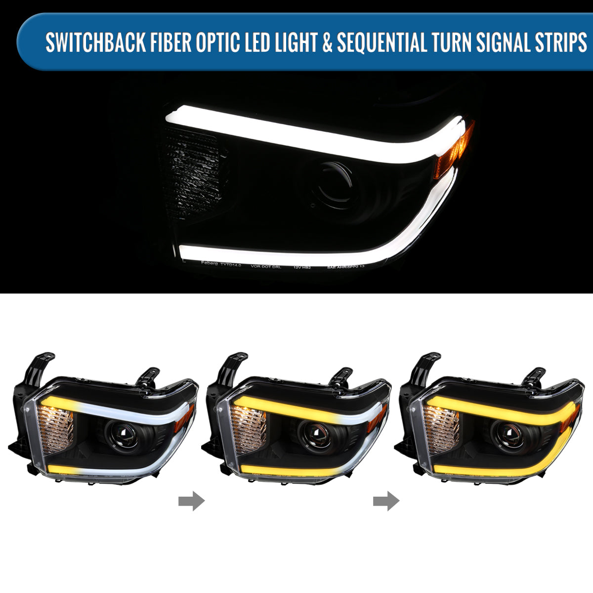 Ronnin - Compatible con Toyota Tundra 2014-2021, Luces Delanteras Proyector Halógenas de Repuesto Mejoradas con LED Secuenciales de Señales de Giro Switchback, Par | Negro
