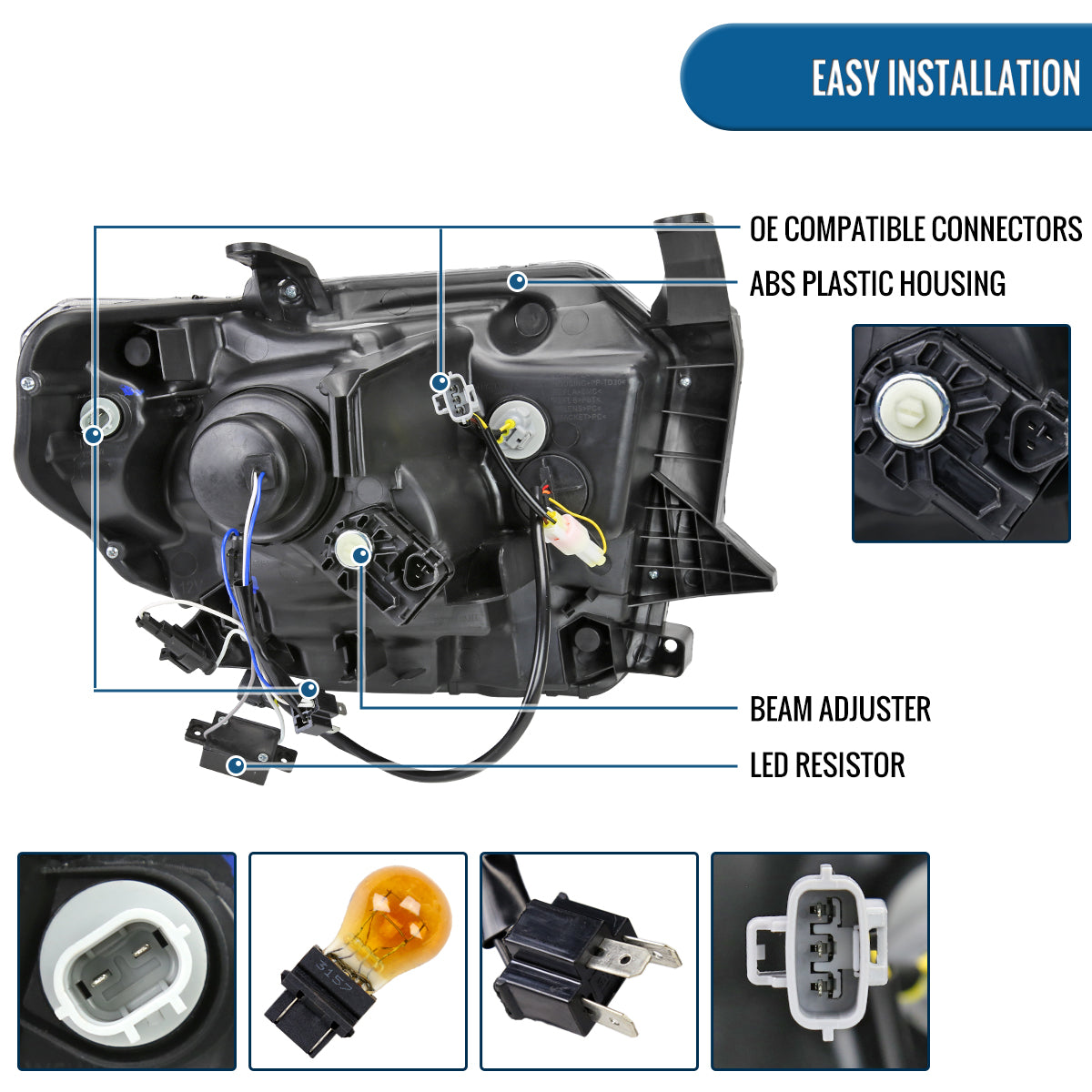 Ronnin - Compatible con Toyota Tundra 2014-2021, Luces Delanteras Proyector Halógenas de Repuesto Mejoradas con LED Secuenciales de Señales de Giro Switchback, Par | Negro