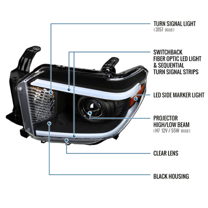 Ronnin - Compatible con Toyota Tundra 2014-2021, Luces Delanteras Proyector Halógenas de Repuesto Mejoradas con LED Secuenciales de Señales de Giro Switchback, Par | Negro