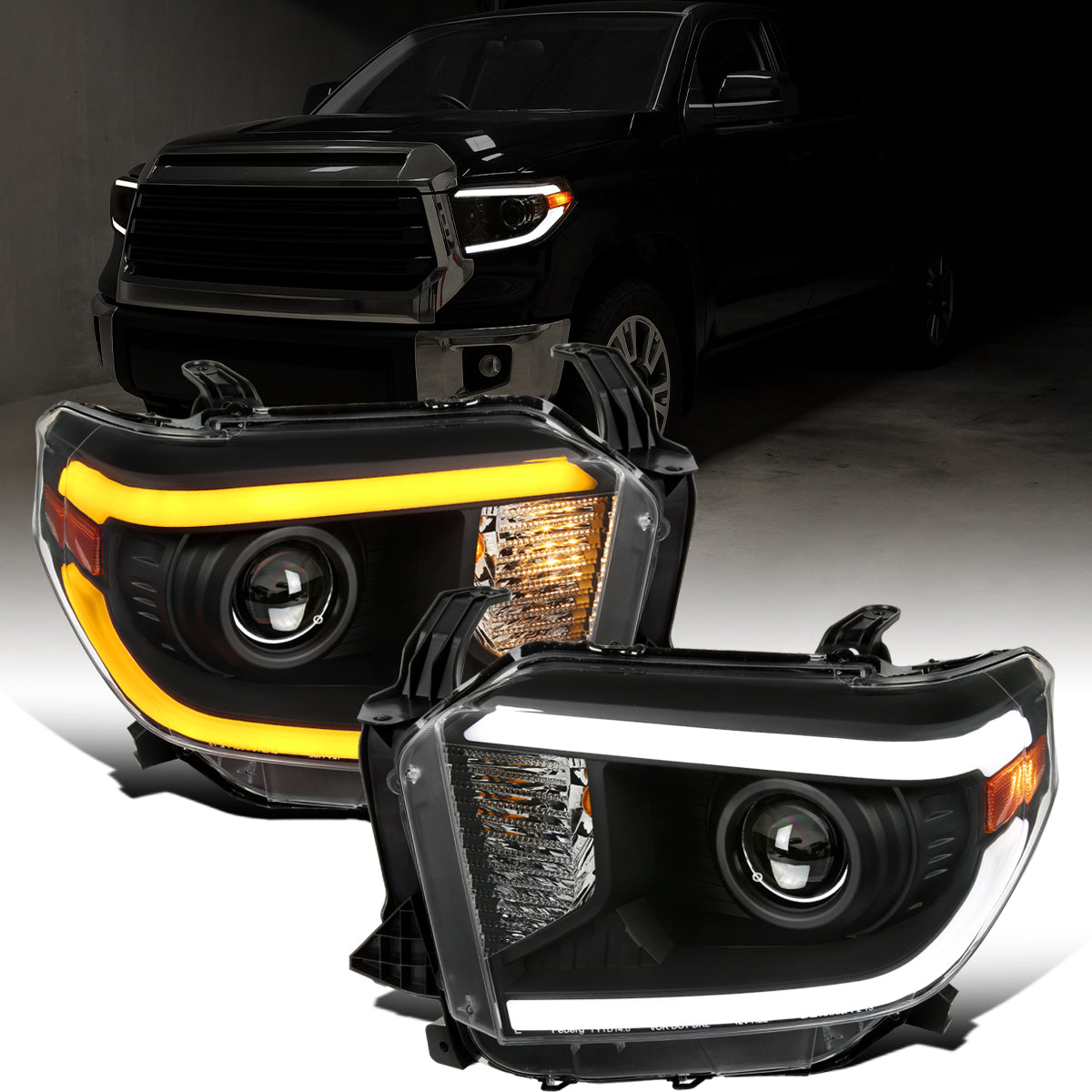 Ronnin - Compatible con Toyota Tundra 2014-2021, Luces Delanteras Proyector Halógenas de Repuesto Mejoradas con LED Secuenciales de Señales de Giro Switchback, Par | Negro