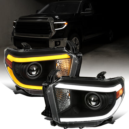 Ronnin - Compatible con Toyota Tundra 2014-2021, Luces Delanteras Proyector Halógenas de Repuesto Mejoradas con LED Secuenciales de Señales de Giro Switchback, Par | Negro