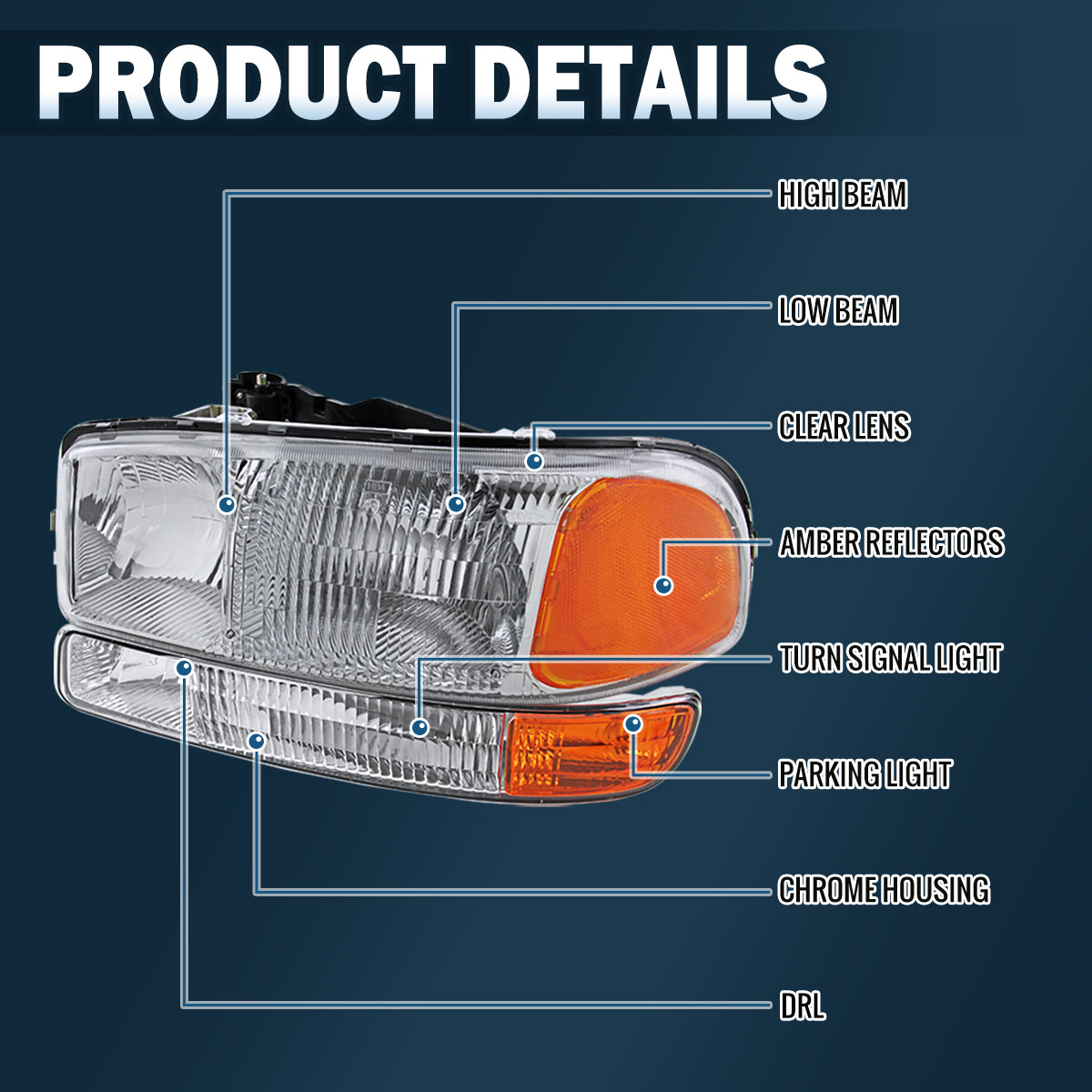 Ronnin - Compatible con GMC Sierra 1500 2500 3500 Classic Yukon XL 1500 2500 de 1999-2007. Conjunto de faros delanteros y luces de parachoques de repuesto, par | Cromado
