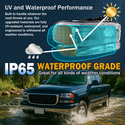 Ronnin - Compatible con GMC Sierra 1500 2500 3500 Classic Yukon XL 1500 2500 de 1999-2007. Conjunto de faros delanteros y luces de parachoques de repuesto, par | Cromado
