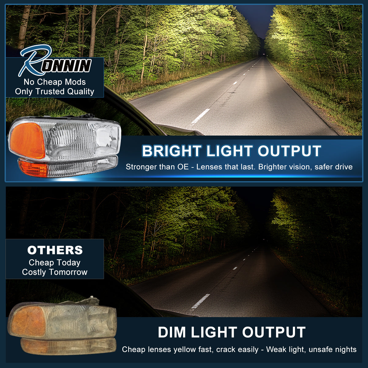 Ronnin - Compatible con GMC Sierra 1500 2500 3500 Classic Yukon XL 1500 2500 de 1999-2007. Conjunto de faros delanteros y luces de parachoques de repuesto, par | Cromado