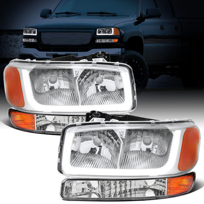 Ronnin - Fits 1999-2007 GMC Sierra 1500 2500 3500 Upgraded Replacement LED Tube Running Lights Headlights + Bumper Turn Signals Assembly Pair | Chrome