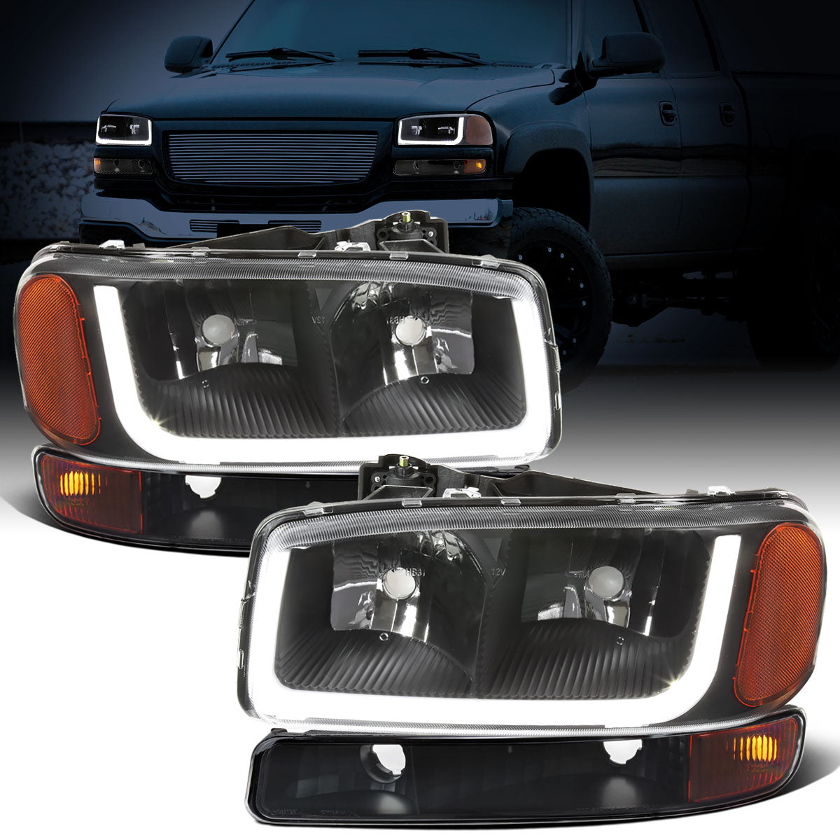 Ronnin - Fits 1999-2007 GMC Sierra 1500 2500 3500 Upgraded Replacement LED Tube Running Lights Headlights + Bumper Turn Signals Assembly Pair | Black