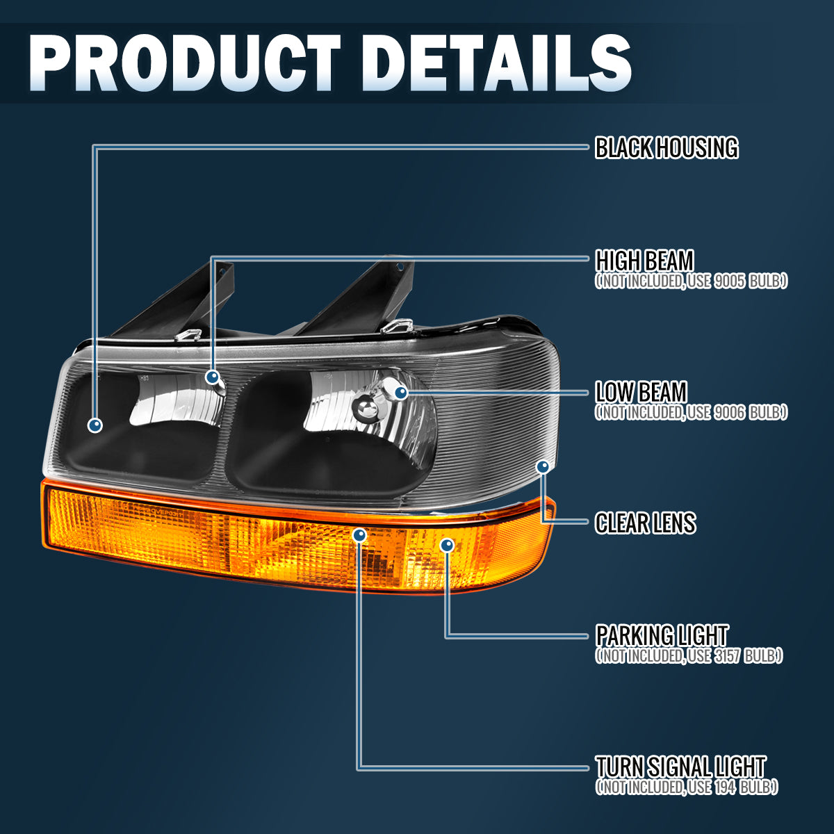Ronnin - Faros de repuesto + Montaje de luces de parachoques (par) para Chevy Express GMC Savana 2003-2023 | Negro