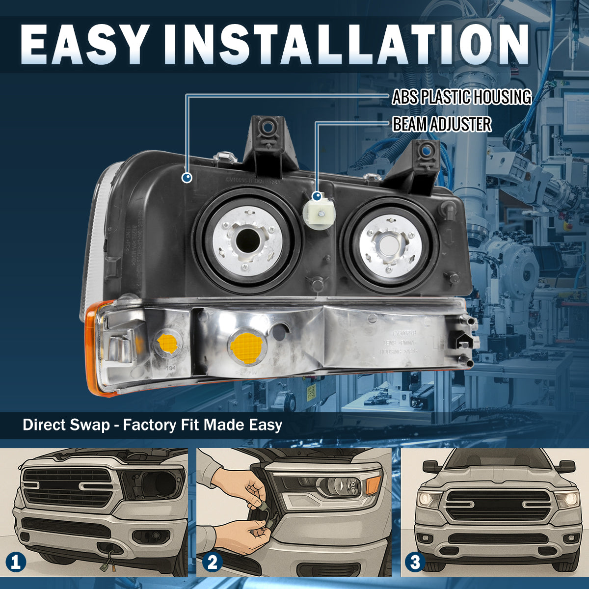 Ronnin - Faros de repuesto + Montaje de luces de parachoques (par) para Chevy Express GMC Savana 2003-2023 | Negro