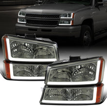 Ronnin - Fits 2003-2006 Chevy Silverado 1500 2500 3500 2002-2006 Avalanche Upgraded LED Running Tube Light Headlights + Bumper Lamps Replacement Assembly Pair | Smoke