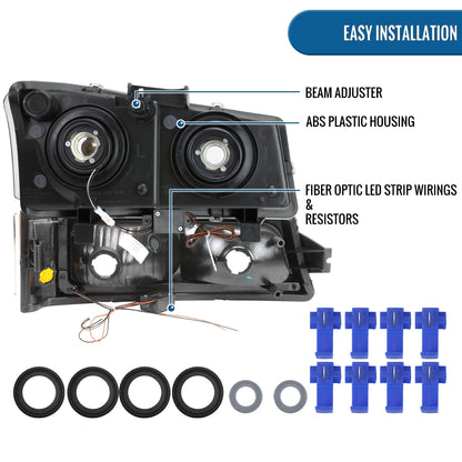 Ronnin - Fits 2003-2006 Chevy Silverado 1500 2500 3500 2002-2006 Avalanche Upgraded LED Running Tube Light Headlights + Bumper Lamps Replacement Assembly Pair | Black