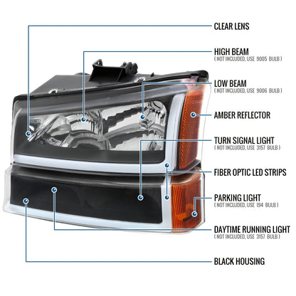 Ronnin - Fits 2003-2006 Chevy Silverado 1500 2500 3500 2002-2006 Avalanche Upgraded LED Running Tube Light Headlights + Bumper Lamps Replacement Assembly Pair | Black