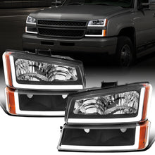 Ronnin - Fits 2003-2006 Chevy Silverado 1500 2500 3500 2002-2006 Avalanche Upgraded LED Running Tube Light Headlights + Bumper Lamps Replacement Assembly Pair | Black