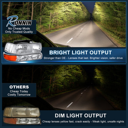Ronnin - Compatible con Chevy Silverado 1500 2500 1999-2002, Suburban 1500 2500 Tahoe 2000-2006 | Par de ensamblaje de faros delanteros + luces de parachoques de repuesto | Cromado