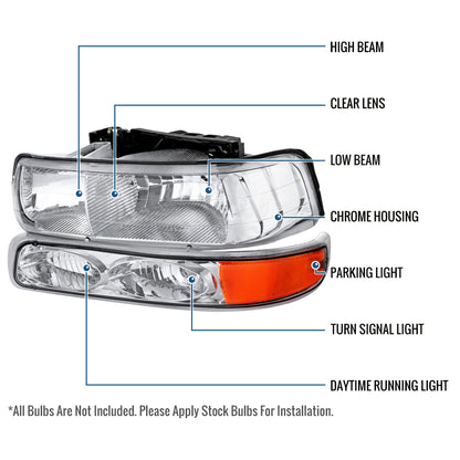 Ronnin - Fits 1999-2002 Chevy Silverado 1500 2500 2000-2006 Suburban 1500 2500 Tahoe  Factory Replacement Headlights + Bumper Lights Assembly Pair | Chrome