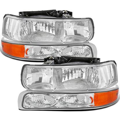Ronnin - Fits 1999-2002 Chevy Silverado 1500 2500 2000-2006 Suburban 1500 2500 Tahoe  Factory Replacement Headlights + Bumper Lights Assembly Pair | Chrome