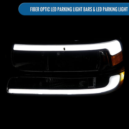 Ronnin - Compatible con Chevy Silverado 1500 2500 1999-2002, Suburban 1500 2500 Tahoe 2000-2006, mejora de repuesto, faros delanteros halógenos con tubo LED de luces de circulación diurna + conjunto de luces de parachoques (par) | Ahumado