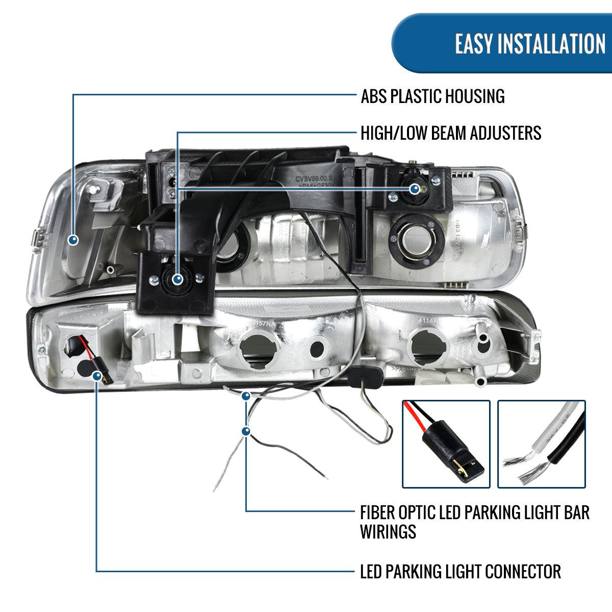Ronnin - Compatible con Chevy Silverado 1500 2500 1999-2002, Suburban 1500 2500 Tahoe 2000-2006, mejora de repuesto, faros delanteros halógenos con tubo LED de luces de circulación diurna + conjunto de luces de parachoques (par) | Ahumado