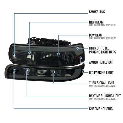 Ronnin - Compatible con Chevy Silverado 1500 2500 1999-2002, Suburban 1500 2500 Tahoe 2000-2006, mejora de repuesto, faros delanteros halógenos con tubo LED de luces de circulación diurna + conjunto de luces de parachoques (par) | Ahumado