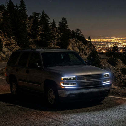 Ronnin - Compatible con Chevy Silverado 1500 2500 1999-2002, Suburban 1500 2500 Tahoe 2000-2006, mejora de repuesto, faros delanteros halógenos con tubo LED de luces de circulación diurna + conjunto de luces de parachoques (par) | Ahumado