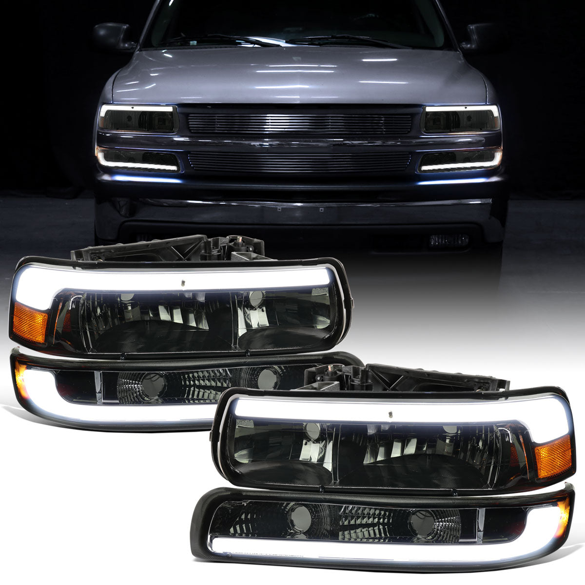 Ronnin - Compatible con Chevy Silverado 1500 2500 1999-2002, Suburban 1500 2500 Tahoe 2000-2006, mejora de repuesto, faros delanteros halógenos con tubo LED de luces de circulación diurna + conjunto de luces de parachoques (par) | Ahumado