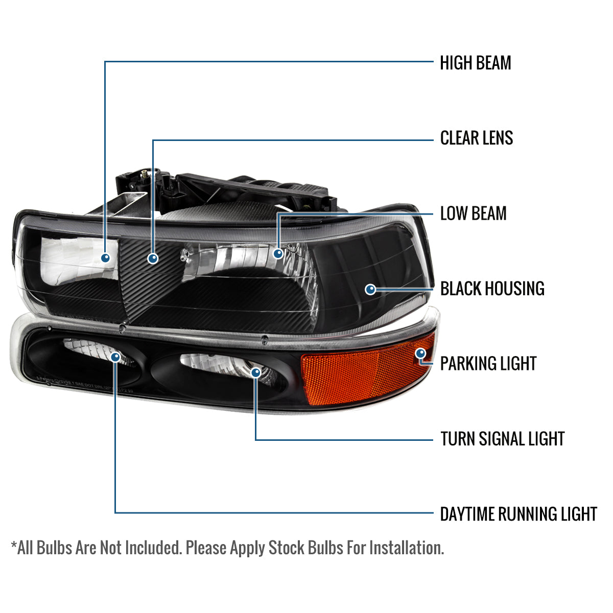 Ronnin - Fits 1999-2002 Chevy Silverado 1500 2500 2000-2006 Suburban 1500 2500 Tahoe  Factory Replacement Headlights + Bumper Lights Assembly Pair | Black