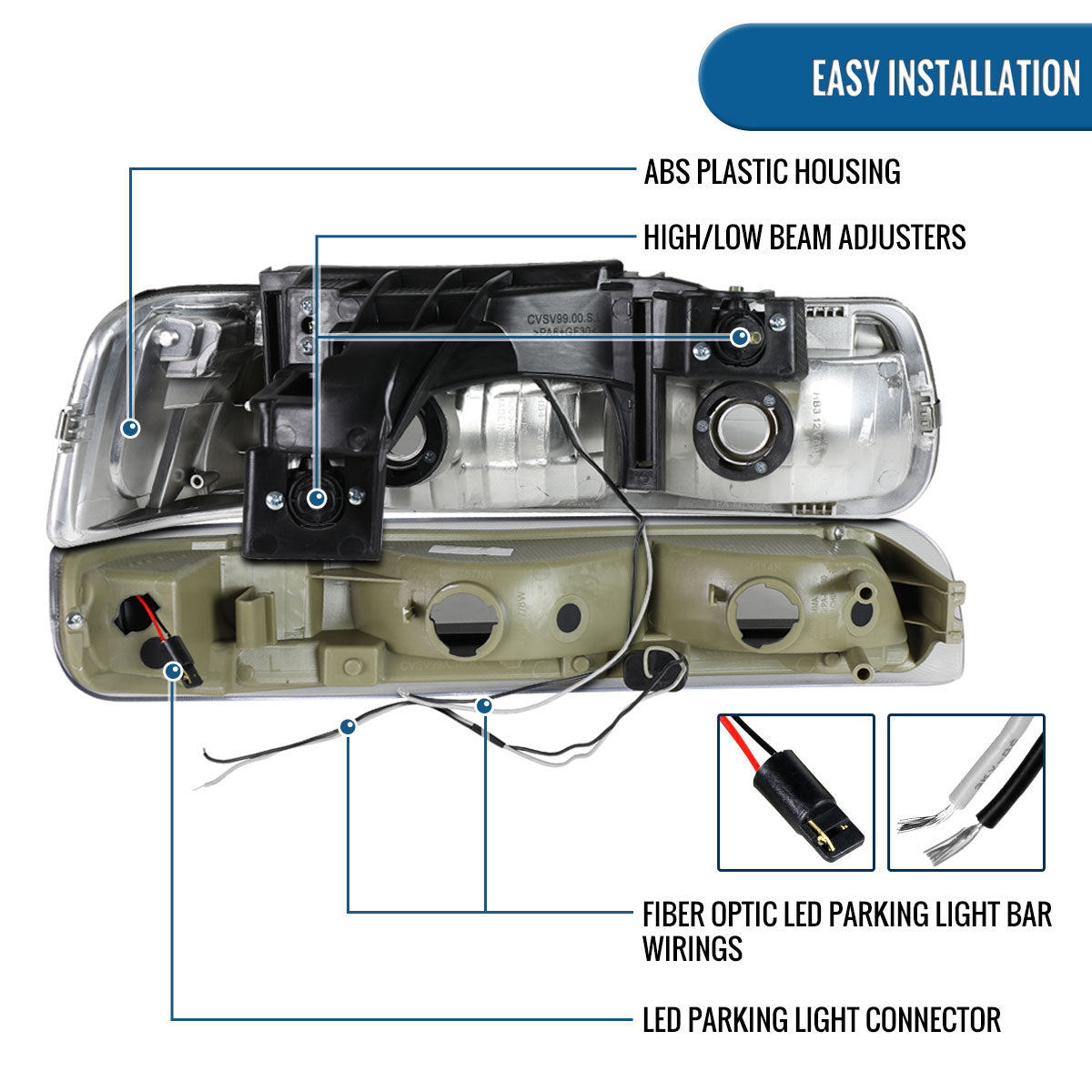 Ronnin - Compatible con Chevy Silverado 1500 2500 1999-2002, Suburban 1500 2500 2000-2006, Tahoe | Faros delanteros halógenos con luces de tubo LED y conjunto de luces de parachoques (par) | Negro