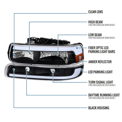 Ronnin - Compatible con Chevy Silverado 1500 2500 1999-2002, Suburban 1500 2500 2000-2006, Tahoe | Faros delanteros halógenos con luces de tubo LED y conjunto de luces de parachoques (par) | Negro