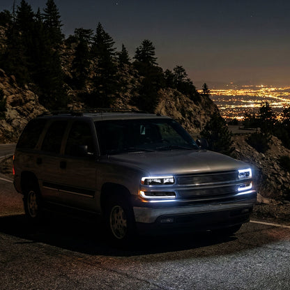 Ronnin - Compatible con Chevy Silverado 1500 2500 1999-2002, Suburban 1500 2500 2000-2006, Tahoe | Faros delanteros halógenos con luces de tubo LED y conjunto de luces de parachoques (par) | Negro