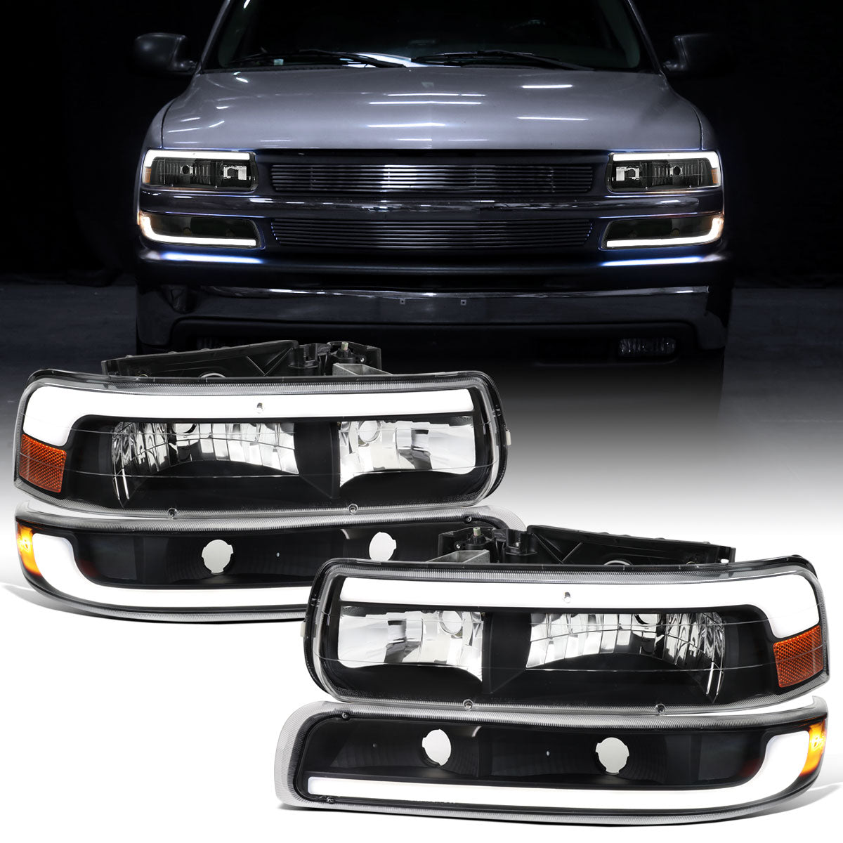 Ronnin - Compatible con Chevy Silverado 1500 2500 1999-2002, Suburban 1500 2500 2000-2006, Tahoe | Faros delanteros halógenos con luces de tubo LED y conjunto de luces de parachoques (par) | Negro