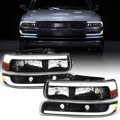 Ronnin - Compatible con Chevy Silverado 1500 2500 1999-2002, Suburban 1500 2500 2000-2006, Tahoe | Faros delanteros halógenos con luces de tubo LED y conjunto de luces de parachoques (par) | Negro