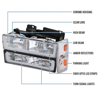 Ronnin - Fits 1988-1993 Chevy GMC C10 C/K 1500 2500 3500 Suburban Blazer Tahoe Silverado Sierra Upgraded LED Running Tube Lights Headlights + Bumper Lights + Corner Lamps Assembly Pair | Chrome