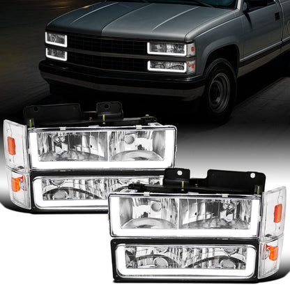 Ronnin - Fits 1988-1993 Chevy GMC C10 C/K 1500 2500 3500 Suburban Blazer Tahoe Silverado Sierra Upgraded LED Running Tube Lights Headlights + Bumper Lights + Corner Lamps Assembly Pair | Chrome